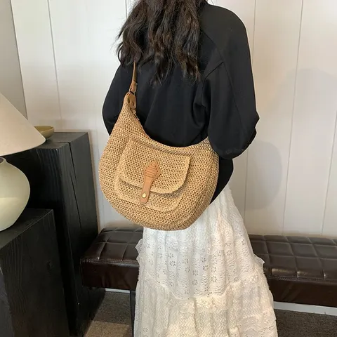 Womens Straw Woven Crossbody Bag Vintage Handcrafted Beach Vacation Shoulder Tote Bag Casual Straw Handbag