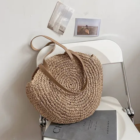 Women Round Straw Woven Tote Bag Handmade Paper Straw Beach Handbag Large Capacity Casual Vacation Shoulder Bag
