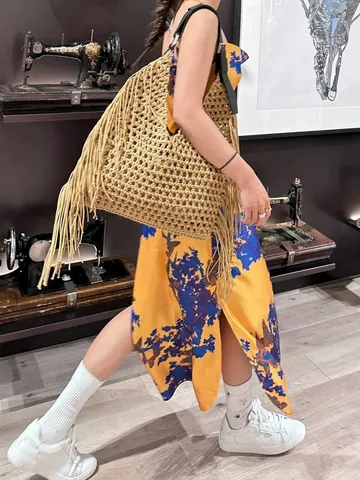 Women Casual Cotton Woven Tote Bag Large Capacity Hollow Out Shoulder Bag Beach Vacation Handbag