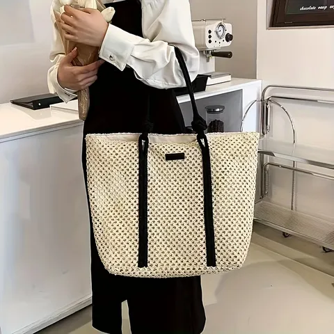 Women Straw Woven Tote Bag Large Capacity Handbag Casual Hollow Beach Bag Summer Vacation Shoulder Bag Paper Material