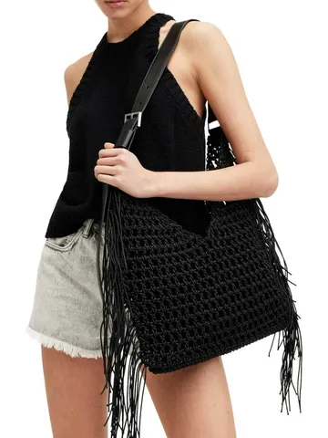Women Casual Cotton Woven Tote Bag Large Capacity Hollow Out Shoulder Bag Beach Vacation Handbag