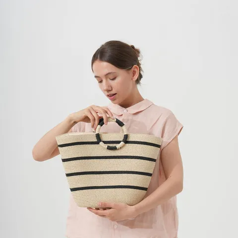 Large Straw Woven Tote Bag For Women Summer Beach Casual Handbag Striped Vacation Shopper Bag With Zipper Closure