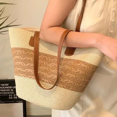 Handmade Woven Paper Straw Tote Bag Large Capacity Casual Shoulder Beach Bag Vintage Patchwork Shopper Handbag For Women