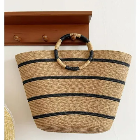 Large Straw Woven Tote Bag For Women Summer Beach Casual Handbag Striped Vacation Shopper Bag With Zipper Closure