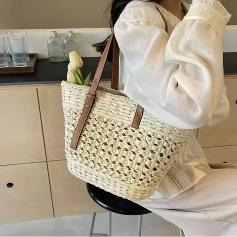 Women Fashion Straw Woven Tote Bag Large Capacity Casual Travel Beach Handbag Hollow Out Shoulder Bag