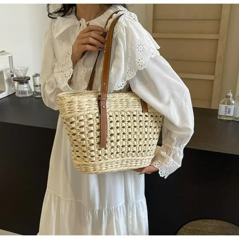 Women Fashion Straw Woven Tote Bag Large Capacity Casual Travel Beach Handbag Hollow Out Shoulder Bag