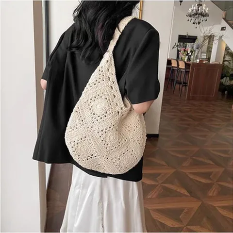 Women Large Capacity Cotton Woven Tote Bag Casual Hand Woven Shopper Bag Beach Vacation Shoulder Bag