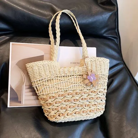 Women Straw Woven Tote Bag Large Capacity Hollow Floral Beach Handbag Casual Vacation Shoulder Bag Paper Material