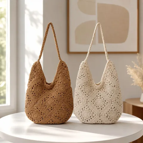 Women Large Capacity Cotton Woven Tote Bag Casual Hand Woven Shopper Bag Beach Vacation Shoulder Bag