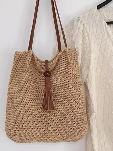 Large Capacity Straw Woven Tote Bag Women Casual Cotton Thread Shoulder Bag Vacation Beach Handbag With Tassel