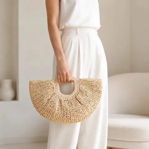 Women Woven Straw Tote Bag Casual Vacation Handbag Handcrafted Summer Beach Shoulder Bag Fashion Top Handle Bag