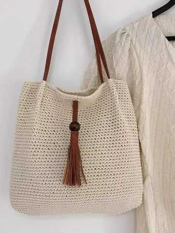Large Capacity Straw Woven Tote Bag Women Casual Cotton Thread Shoulder Bag Vacation Beach Handbag With Tassel