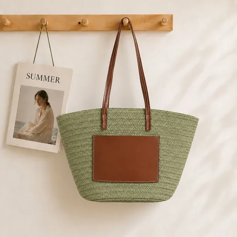 Women Large Capacity Straw Tote Bag Handmade Woven Shoulder Bag Casual Beach Vacation Handbag Paper Material