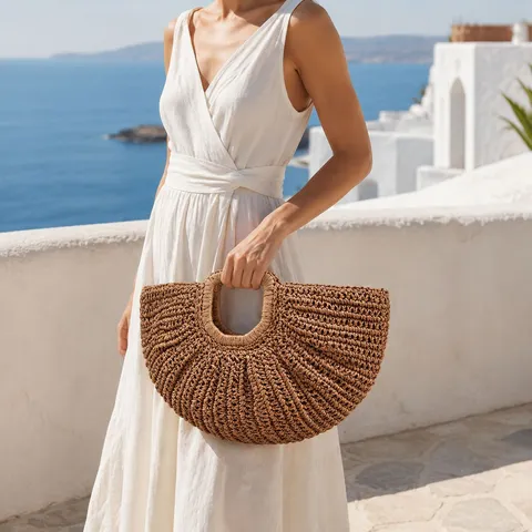 Women Woven Straw Tote Bag Casual Vacation Handbag Handcrafted Summer Beach Shoulder Bag Fashion Top Handle Bag