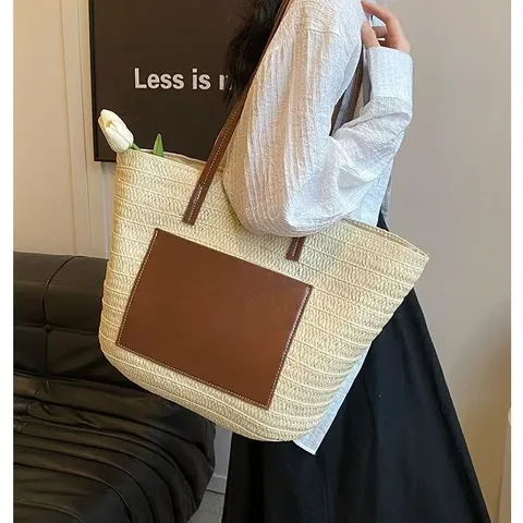 Women Large Capacity Straw Tote Bag Handmade Woven Shoulder Bag Casual Beach Vacation Handbag Paper Material