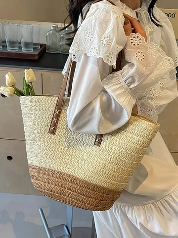 Women Large Capacity Tote Bag Handmade Straw Woven Shoulder Bag Casual Vacation Beach Bag Contrast Color Handbag