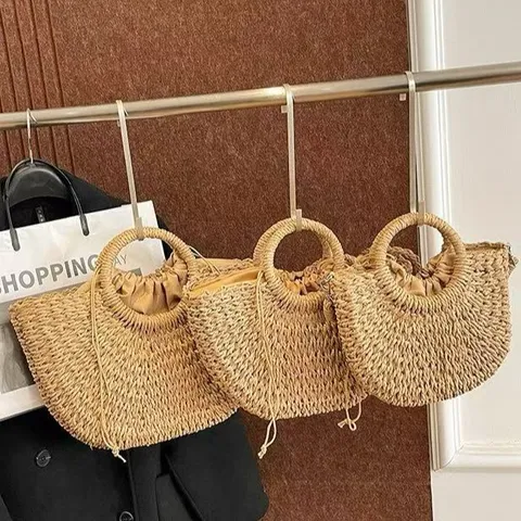 Women Summer Straw Woven Tote Bag Large Capacity Handbag Beach Vacation Semi-Circular Casual Straw Bag