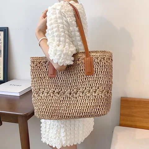 Large Capacity Straw Woven Tote Bag For Women Hollow Out Handcrafted Beach Vacation Shoulder Bag Casual Paper Rope Bag