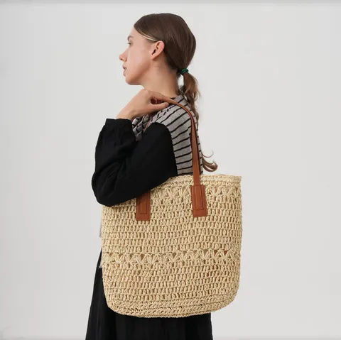 Large Capacity Straw Woven Tote Bag For Women Hollow Out Handcrafted Beach Vacation Shoulder Bag Casual Paper Rope Bag