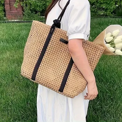 Women Straw Woven Tote Bag Large Capacity Handbag Casual Hollow Beach Bag Summer Vacation Shoulder Bag Paper Material