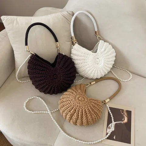 Sac à Épaule Tissé Coquille pour Femmes Avec Chaîne de Perles Artificielles Sac Bandoulière Élégant en PU pour Voyage