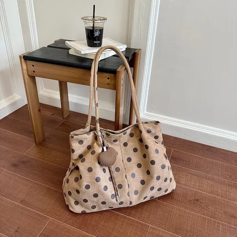 Bolso Tote de Gran Capacidad con Lunares para Mujer Estilo Ins Coreano PU Gamuza Sintética Bolso de Hombro Casual Bolso de Mano de Oficina Viaje