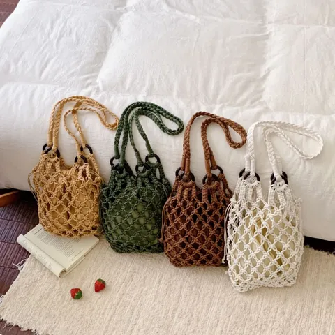 Women Hollow Cotton Thread Woven Bucket Bag Vintage Niche Design Mesh Underarm Handbag With Inner Pouch Casual Beach Shoulder Bag