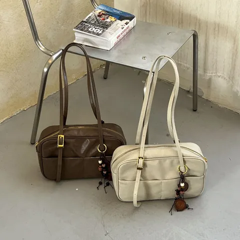 Women Korean Style PU Leather Boston Bag High End Vintage Retro Shoulder Bag Simple Commute Fashion Handbag With Charm Decor