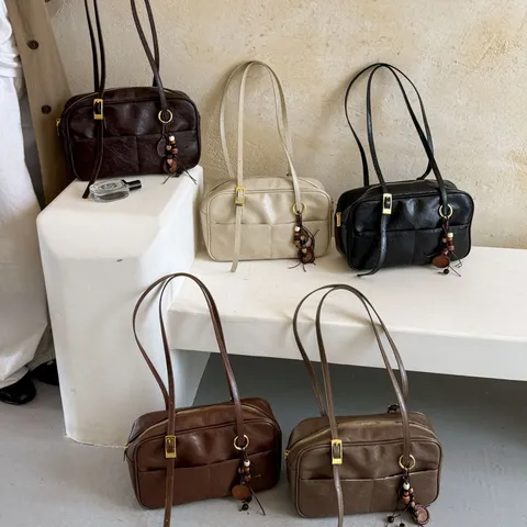 Women Korean Style PU Leather Boston Bag High End Vintage Retro Shoulder Bag Simple Commute Fashion Handbag With Charm Decor