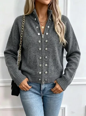 Veste Cardigan en Tricot pour Femmes Col Montant Décoration de Boutons Fermeture Éclair Avant Manches Longues Manteau en Tricot Basique Couleur Unie