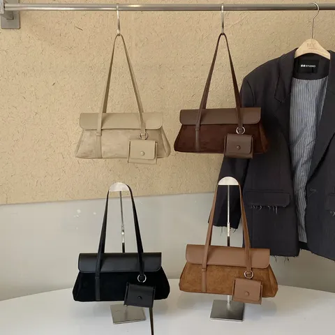 Retro French Underarm Bag PU Leather Suede Patchwork Minimalist Shoulder Crossbody Bag With Mini Pouch Pendant Accessory