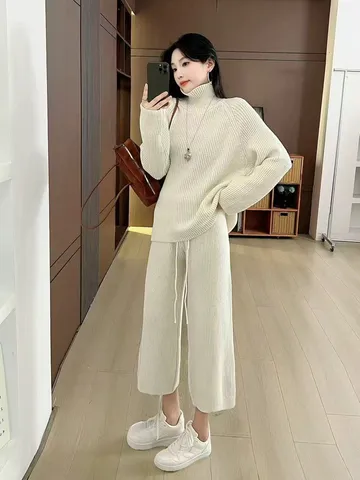 Damen Herbst Winter Strick Zweiteiler Hoher Kragen Langarm Pullover Top und Weite Hose Lässig Weich Warm Loungewear Set