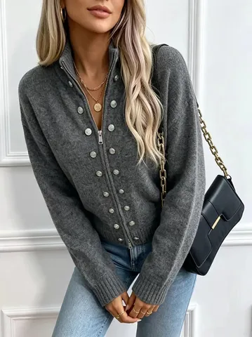 Veste Cardigan en Tricot pour Femmes Col Montant Décoration de Boutons Fermeture Éclair Avant Manches Longues Manteau en Tricot Basique Couleur Unie