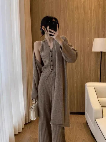 Dames Gebreid Vest Gilet En Broek Outfits Zacht Losjes Koreaanse Lazy Stijl Effen Kleur Trui Set Voor Herfst Winter Casual Kleding