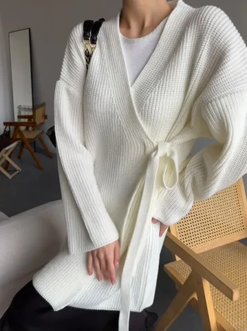 Dames Losse Gebreide Cardigan Trui Effen Kleur V-hals Knoopceintuur Lange Mouw Breigoed Top Herfst Winter