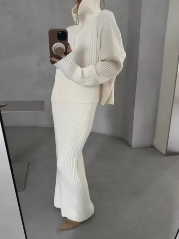 Pull Femme Décontracté à Demi-Zip et Revers Top et Jupe Midi en Tricot Tissu Acrylique à Côtes Vêtements Automne-Hiver Amples
