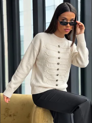 Damen Pullover Strickpullover Mit Knöpfen Rundhalsausschnitt Langarm Lockere Passform Polyester Strickoberteil Lässig Warm