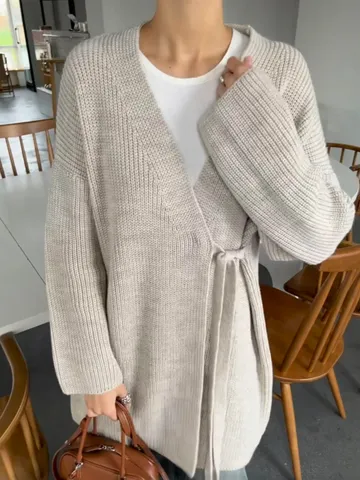 Dames Losse Gebreide Cardigan Trui Effen Kleur V-hals Knoopceintuur Lange Mouw Breigoed Top Herfst Winter