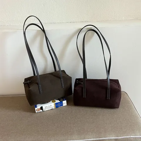 Korean Vintage Suede Women Shoulder Bag Retro Pillow Shape Underarm Purse Solid Casual Commuter Small Hobo Bag Brown Camel Green