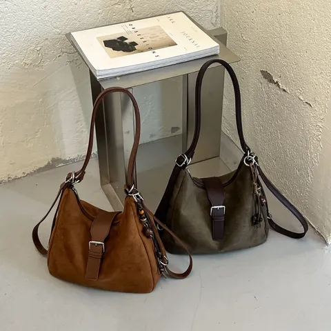 Damen Vintage Lässig Wildleder-Imitat Tragetasche Große Kapazität Umhängetasche Einfarbig Schicke Handtasche