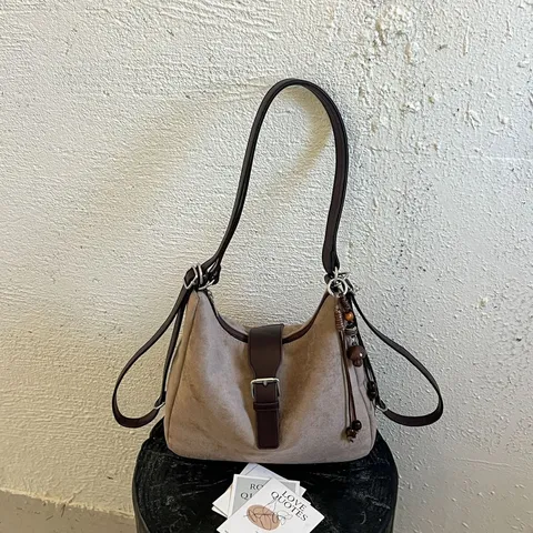 Damen Vintage Lässig Wildleder-Imitat Tragetasche Große Kapazität Umhängetasche Einfarbig Schicke Handtasche