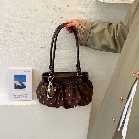 Damen Koreanisch Vintage Punkte Umhängetasche PU Leder Shopper Tasche Mit Schleife Und Perlen Anhänger Chic Lässige Achseltasche