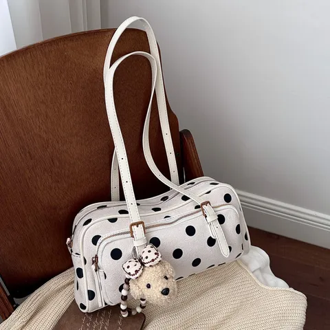 Damen Boston Umhängetasche PU Leder Polka Dot Pendeln Handtasche Große Kapazität Top Handle Tasche Mit Anhänger