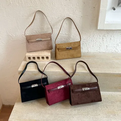 Retro Wildleder Kelly Stil Damen Mode Lässige Einfarbige Griff Umhängetasche Luxus Designer Umhängetasche Handtasche