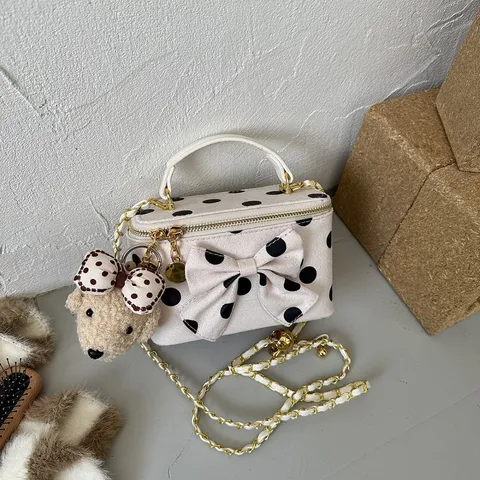 Süße Punkte Handtasche Schleife Kleine Quadratische Box Tasche PU Leder Einzelne Schulter Umhängetasche Für Damen Tägliche Mode