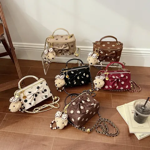 Süße Punkte Handtasche Schleife Kleine Quadratische Box Tasche PU Leder Einzelne Schulter Umhängetasche Für Damen Tägliche Mode