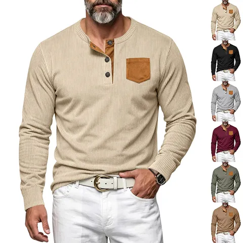 Camisa Henley de Manga Larga de Corduroy Casual para Hombre Color Sólido Slim Fit Vintage Retro Tops Con Bolsillo