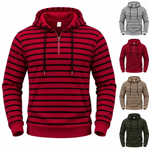 Herren Vintage Gestreifter Kapuzenpullover Gefüttert Thermisch Halb Reißverschluss Langarm Lässiger Pullover Hoodie Top