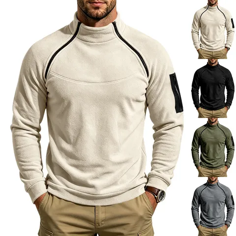 Men's Heavyweight Polar Fleece Stand Collar Sweatshirt Outdoor Hiking Loose Pullover Top With Pocket And Zippers For Winter