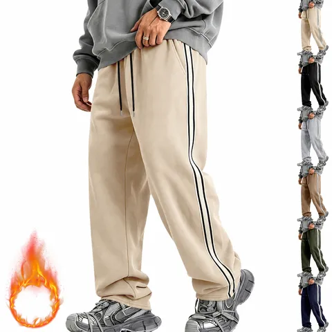 Men's Heavyweight Fleece Lined Sweatpants Loose Casual Drawstring Joggers With Contrast Side Stripe Winter Warm Polyester Tracksuit Bottoms